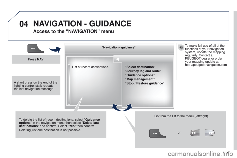 PEUGEOT PARTNER 2014  Owners Manual 04
10.9
Partner-2-VU_en_Chap10b_RT6-2-8_ed02-2014
List of recent destinations."
Navigation - guidance"
To delete the list of recent destinations, select " Guidance 
options " in the na