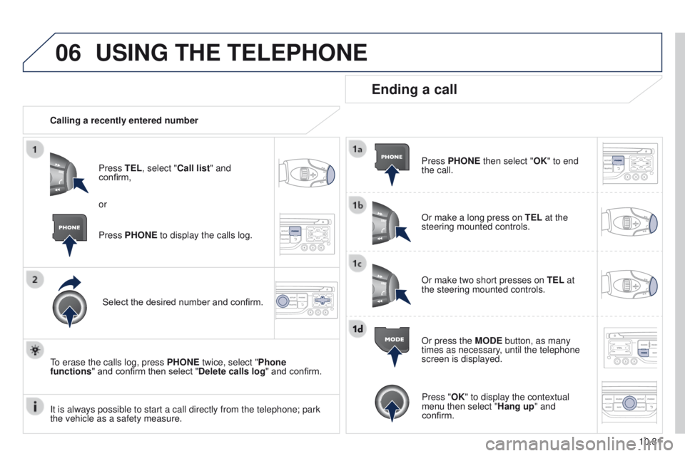 PEUGEOT PARTNER 2014 Owners Manual 06
10.31
Partner-2-VU_en_Chap10b_RT6-2-8_ed02-2014
USING THE TELEPHONE
Calling a recently entered numberPress TEL, select "Call list" and
confirm,
Select the desired number and confirm.
To er PEUGEOT PARTNER 2014 Owners Manual 06
10.31
Partner-2-VU_en_Chap10b_RT6-2-8_ed02-2014
USING THE TELEPHONE
Calling a recently entered numberPress TEL, select "Call list" and
confirm,
Select the desired number and confirm.
To er