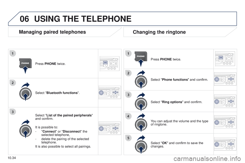 PEUGEOT PARTNER 2014  Owners Manual 06
10.34
Partner-2-VU_en_Chap10b_RT6-2-8_ed02-2014
Press PHONE twice.
Select "List of the paired peripherals" 
and confirm.
It is possible to:
-
  "Connect" or "Disconnect" the