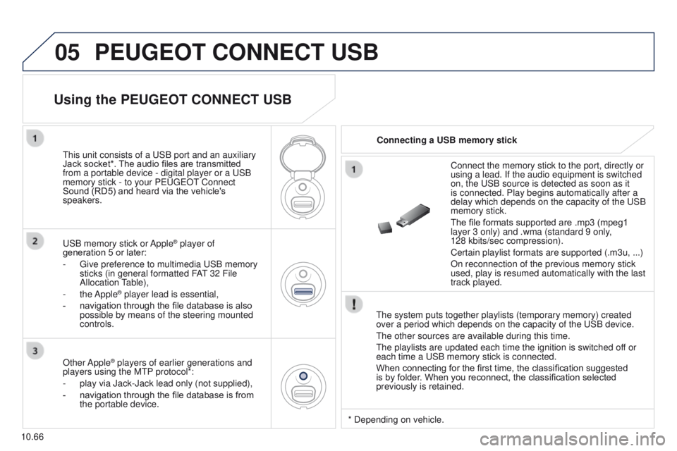 PEUGEOT PARTNER 2014 Owners Manual 05
10.66
Partner-2-VU_en_Chap10c_RD45_ed02_2014
PEUGEOT CONNECT USB
The system puts together playlists (temporary memory) created
over a period which depends on the capacity of the USB device.
The ot PEUGEOT PARTNER 2014 Owners Manual 05
10.66
Partner-2-VU_en_Chap10c_RD45_ed02_2014
PEUGEOT CONNECT USB
The system puts together playlists (temporary memory) created
over a period which depends on the capacity of the USB device.
The ot
