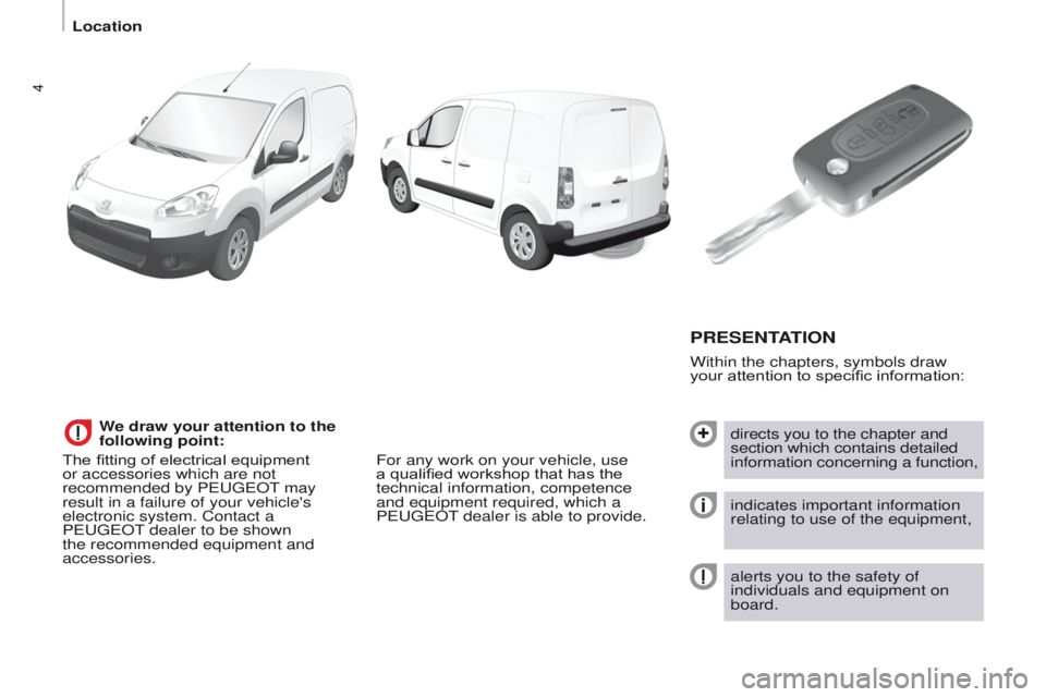 PEUGEOT PARTNER 2014  Owners Manual 4
Partner-2-VU_en_Chap01_vue-ensemble_ed02-2014
Within the chapters, symbols draw 
your attention to specific information:
PRESENTATION
directs you to the chapter and 
section which contains detailed 