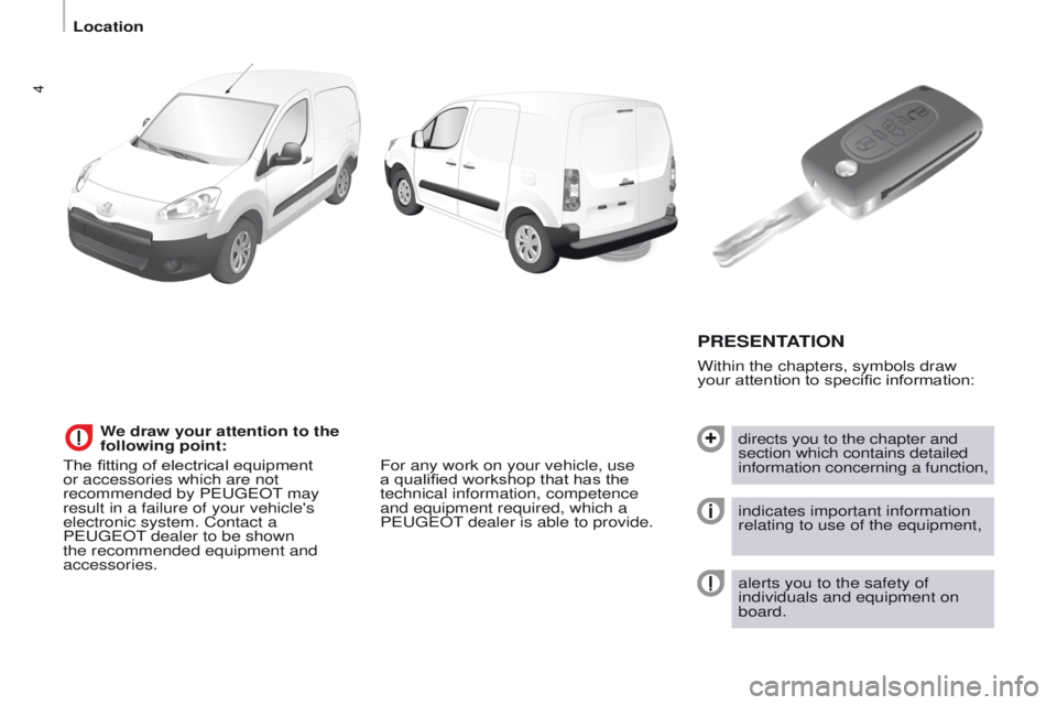 PEUGEOT PARTNER 2014 Owners Manual 4
Partner-2-VU_en_Chap01_vue-ensemble_ed02-2014
Within the chapters, symbols draw
your attention to specific information:
PRESENTATION
directs you to the chapter and
section which contains detailed PEUGEOT PARTNER 2014 Owners Manual 4
Partner-2-VU_en_Chap01_vue-ensemble_ed02-2014
Within the chapters, symbols draw
your attention to specific information:
PRESENTATION
directs you to the chapter and
section which contains detailed