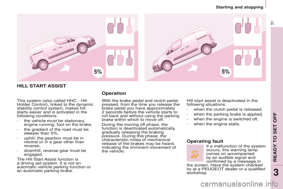 PEUGEOT PARTNER 2014 Workshop Manual 51
Partner-2-VU_en_Chap03_Pret-a-partir_ed02-2014
HILL START ASSIST
Operation
With the brake pedal and clutch pedal
pressed, from the time you release the
brake pedal you have approximately
2 seco PEUGEOT PARTNER 2014 Workshop Manual 51
Partner-2-VU_en_Chap03_Pret-a-partir_ed02-2014
HILL START ASSIST
Operation
With the brake pedal and clutch pedal
pressed, from the time you release the
brake pedal you have approximately
2 seco