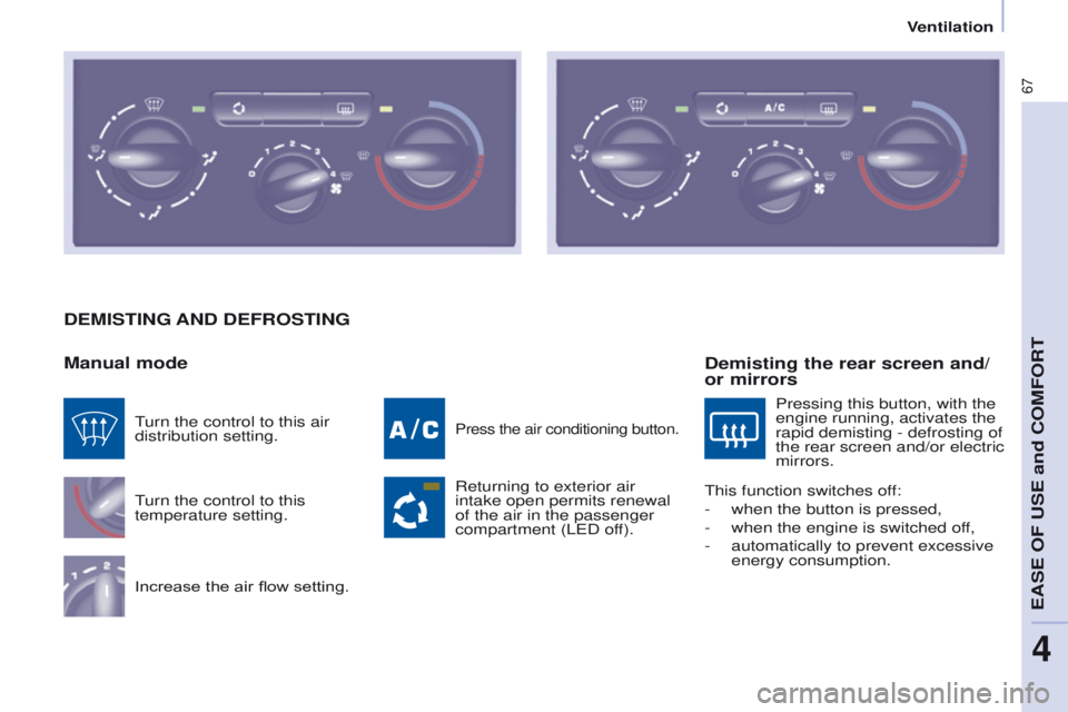 PEUGEOT PARTNER 2014 Repair Manual 67
Partner-2-VU_en_Chap04_Ergonomie_ed02-2014
DEMISTING AND DEFROSTING
Manual mode
Turn the control to this 
temperature setting.
Increase the air flow setting.
Press the air conditioning button.
Retu