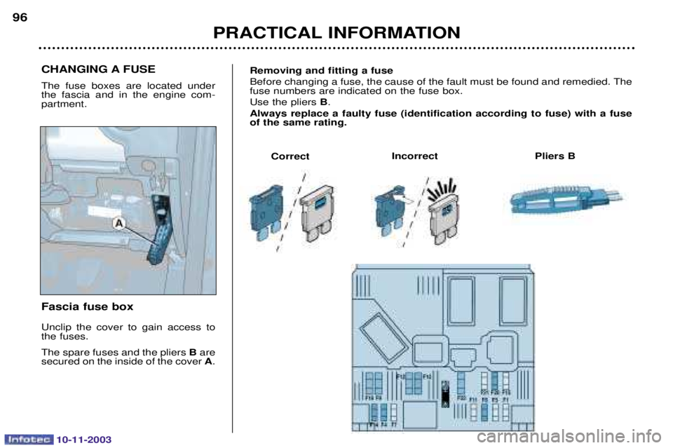 PEUGEOT PARTNER VU 2003  Owners Manual 10-11-2003
CHANGING A FUSE 
  	
  
	  
      	 Fascia fuse box 

  	 	   	 
 
