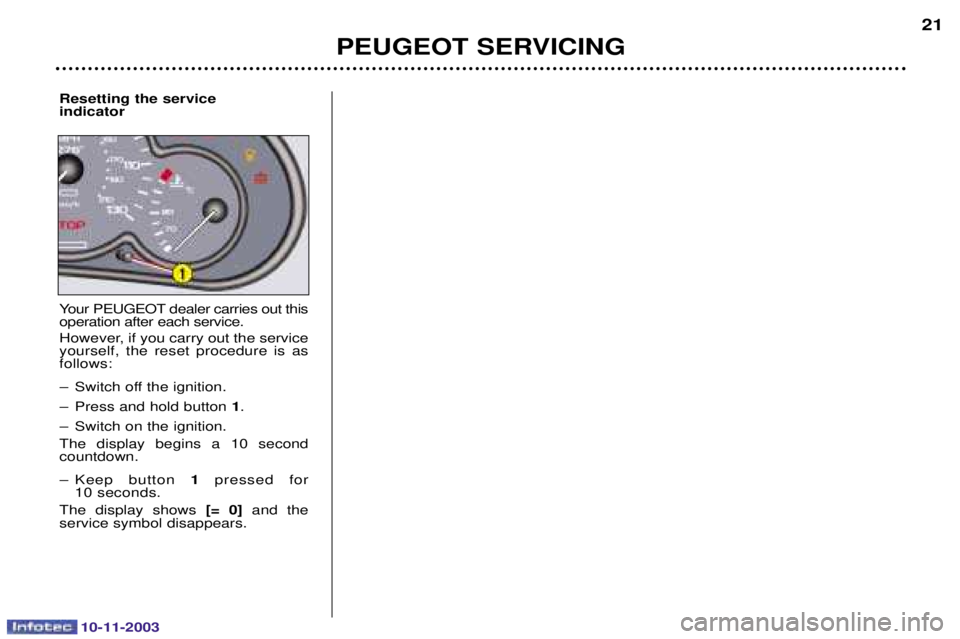 PEUGEOT PARTNER VU 2003 User Guide 10-11-2003
PEUGEOT SERVICING21
Resetting the service indicator 
9
,C3* !!
 

!
!! 
6
"<
!
 

<   
