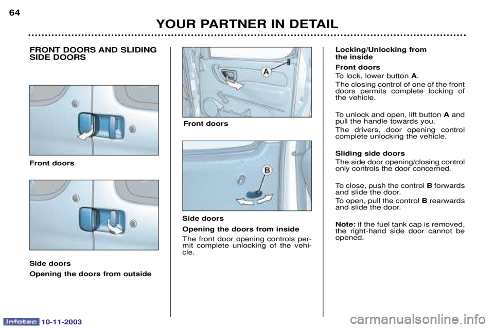 PEUGEOT PARTNER VU 2003 Repair Manual 10-11-2003
YOUR PARTNER IN DETAIL
64
FRONT DOORS AND SLIDING SIDE DOORS Front doors Side doors Opening the doors from outside Locking/Unlocking from  the inside Front doors 
 	


 A
