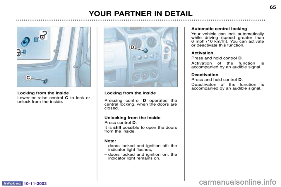 PEUGEOT PARTNER VU 2003 Repair Manual 10-11-2003
YOUR PARTNER IN DETAIL65
Locking from the inside 
	
 
 
	 

C
  



		 Locking from the inside 

	 

D	

	 
	
	
