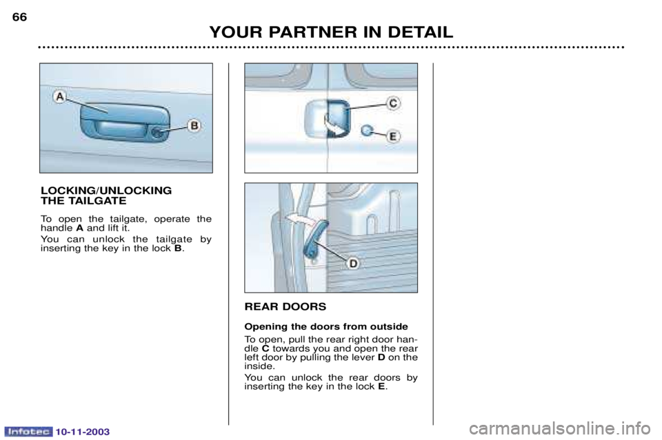 PEUGEOT PARTNER VU 2003  Owners Manual 10-11-2003
YOUR PARTNER IN DETAIL
66
REAR DOORS Opening the doors from outside 
	
	
	




	 C 

	
	
	

	


			
 D 
	
