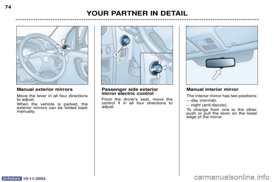 PEUGEOT PARTNER VU 2003 Manual PDF 10-11-2003
YOUR PARTNER IN DETAIL
74
Manual exterior mirrors 
  	 
  
	 
	
 
 
  
 
 	  
	
	 
			   
 
