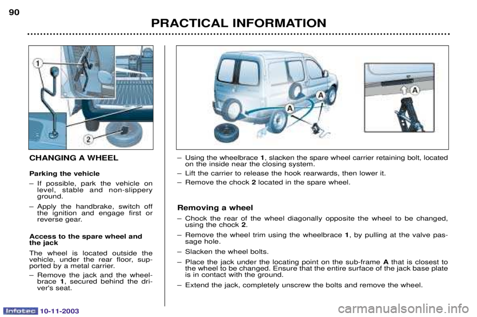 PEUGEOT PARTNER VU 2003  Owners Manual 10-11-2003
PRACTICAL INFORMATION
90
CHANGING A WHEEL Parking the vehicle 
1 - 	 )   	 

)   
 

0	 

1   
 ) 	   	