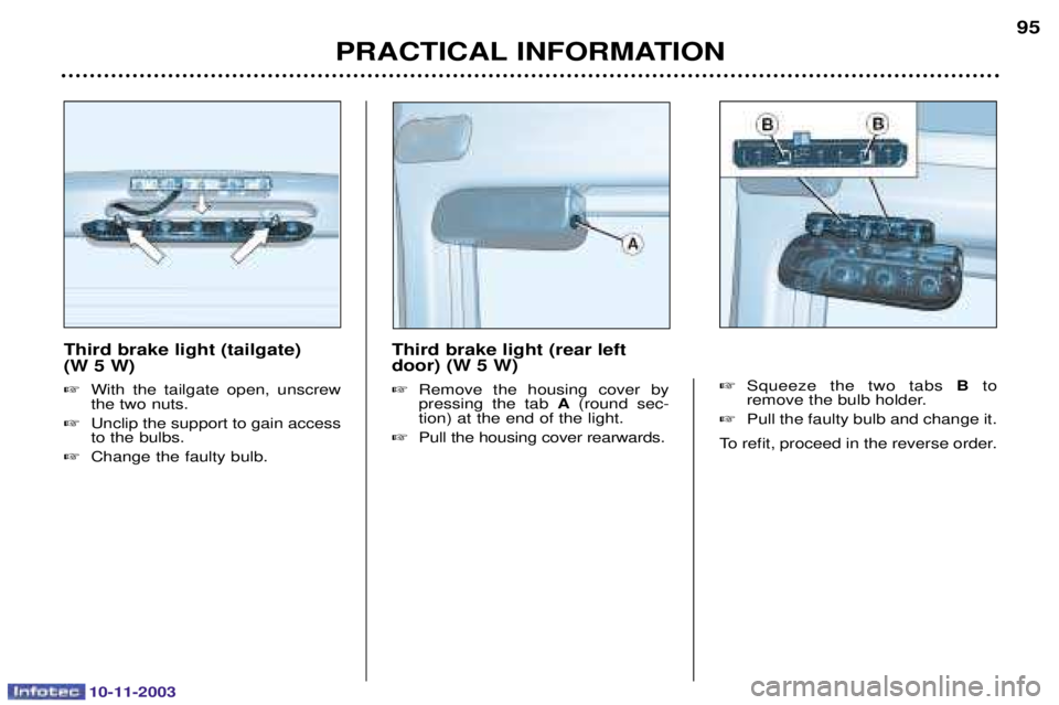 PEUGEOT PARTNER VU DAG 2003  Owners Manual 10-11-2003
PRACTICAL INFORMATION95
Third brake light (tailgate) (W 5 W) 

	  	 
 
 


 2
		

  
 
  
