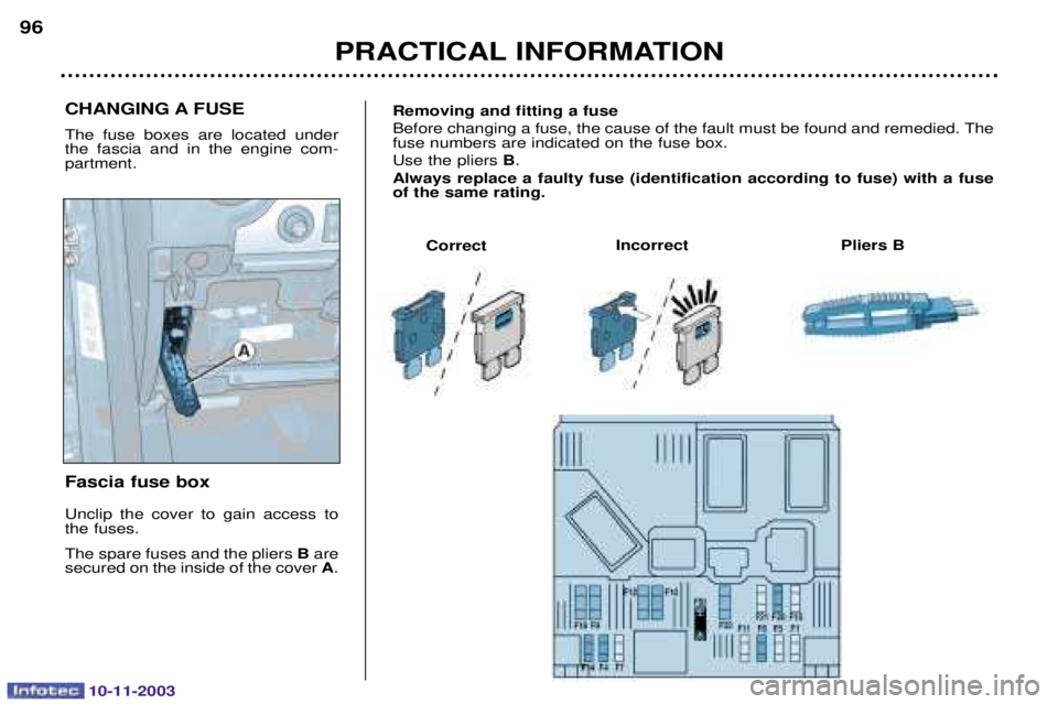PEUGEOT PARTNER VU DAG 2003  Owners Manual 10-11-2003
CHANGING A FUSE 
  	
  
	  
      	 Fascia fuse box 

  	 	   	 
 
