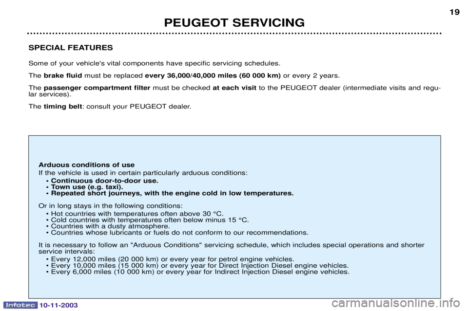 PEUGEOT PARTNER VU DAG 2003 User Guide 10-11-2003
PEUGEOT SERVICING19
SPECIAL FEATURES 
4
(

A!
(
! * brake fluid (	! every 36,000/40,000 miles (60 000 km) 
