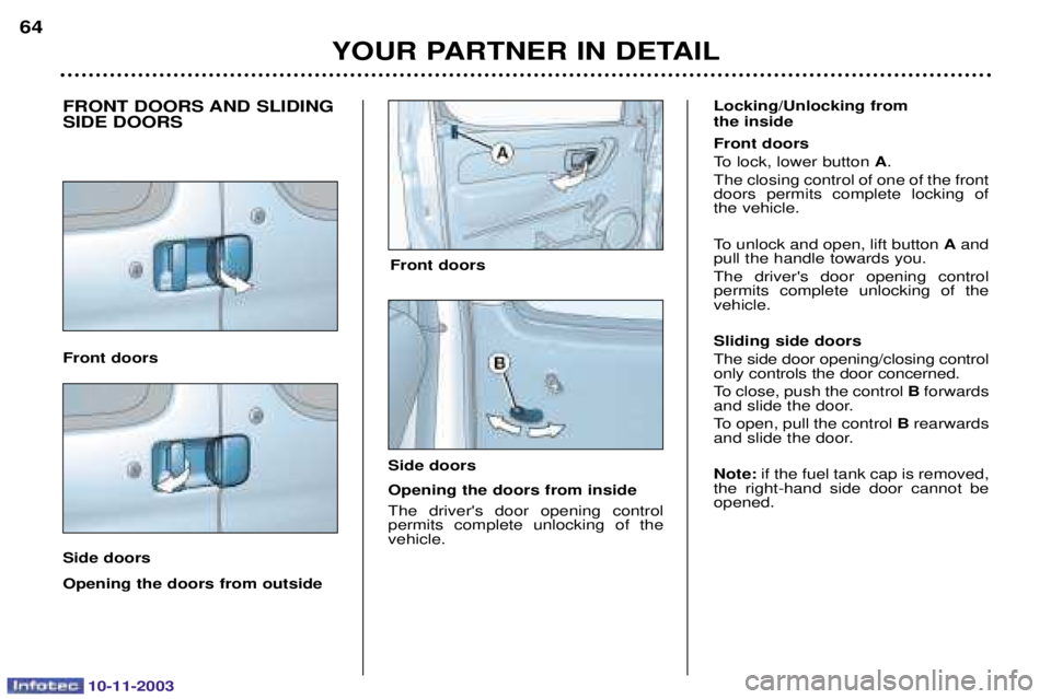 PEUGEOT PARTNER VU DAG 2003 Repair Manual 10-11-2003
YOUR PARTNER IN DETAIL
64
FRONT DOORS AND SLIDING SIDE DOORS Front doors Side doors Opening the doors from outside Locking/Unlocking from  the inside Front doors 
 	


 A