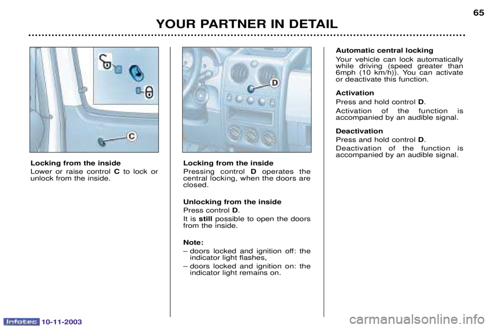 PEUGEOT PARTNER VU DAG 2003 Repair Manual 10-11-2003
YOUR PARTNER IN DETAIL65
Locking from the inside 
	
 
 
	 

C
  



		 Locking from the inside

	 

D	

	 
	
	
