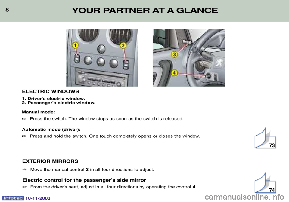 PEUGEOT PARTNER VU DAG 2003  Owners Manual 10-11-2003
8ELECTRIC WINDOWS 
1. Drivers electric window. 
2. Passengers electric window. Manual mode: 8
(A


(
Automatic mode (driver):