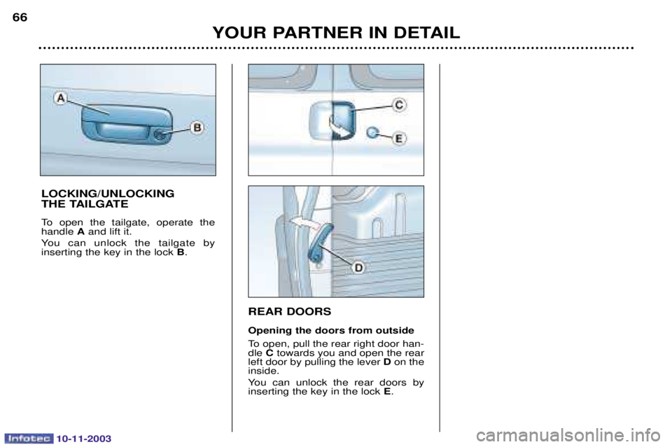 PEUGEOT PARTNER VU DAG 2003 Manual PDF 10-11-2003
YOUR PARTNER IN DETAIL
66
REAR DOORS Opening the doors from outside 
	
	
	




	 C 

	
	
	

	


			
 D 
	
