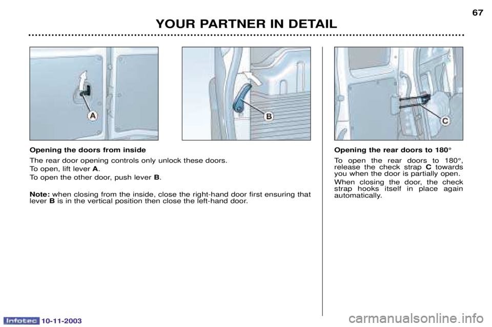 PEUGEOT PARTNER VU DAG 2003 Manual PDF 10-11-2003
YOUR PARTNER IN DETAIL67
Opening the rear doors to 180¡   	 
	 
	
 
 
 &+,

			 
	 	 
 C


	
	


	 
-	  
	