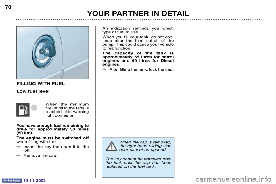 PEUGEOT PARTNER VU DAG 2003 Manual PDF 10-11-2003
YOUR PARTNER IN DETAIL
70
FILLING WITH FUEL Low fuel level
-	 
	  
			
	


		 
 


	
You have enough fuel remaining todrive for a