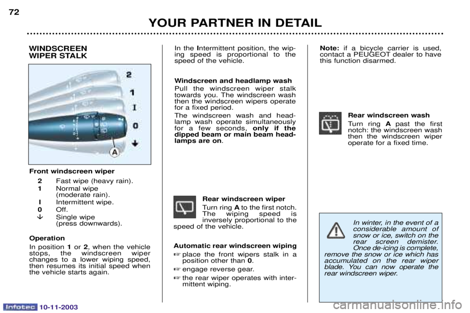PEUGEOT PARTNER VU DAG 2003 Manual PDF 10-11-2003
YOUR PARTNER IN DETAIL
72
Front windscreen wiper2 .
	$	
(
1 7
	 
$	

	
(
I  
	


	
	
0 8
� /		
$
	
(
Operation 
  
