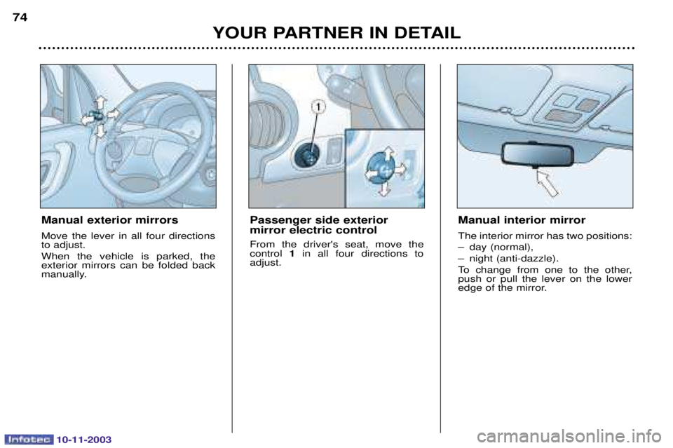 PEUGEOT PARTNER VU DAG 2003 Manual PDF 10-11-2003
YOUR PARTNER IN DETAIL
74
Manual exterior mirrors 
  	 
  
	 
	
 
 
  
 
 	  
	
	 
			   
 
