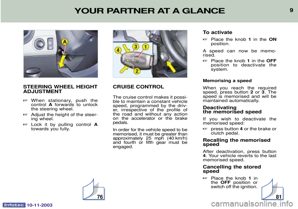 PEUGEOT PARTNER VU DAG 2003  Owners Manual 9YOUR PARTNER AT A GLANCE
10-11-2003
9
STEERING WHEEL HEIGHT ADJUSTMENT  . 
2    A&  "

(
 ,/
&	

(
