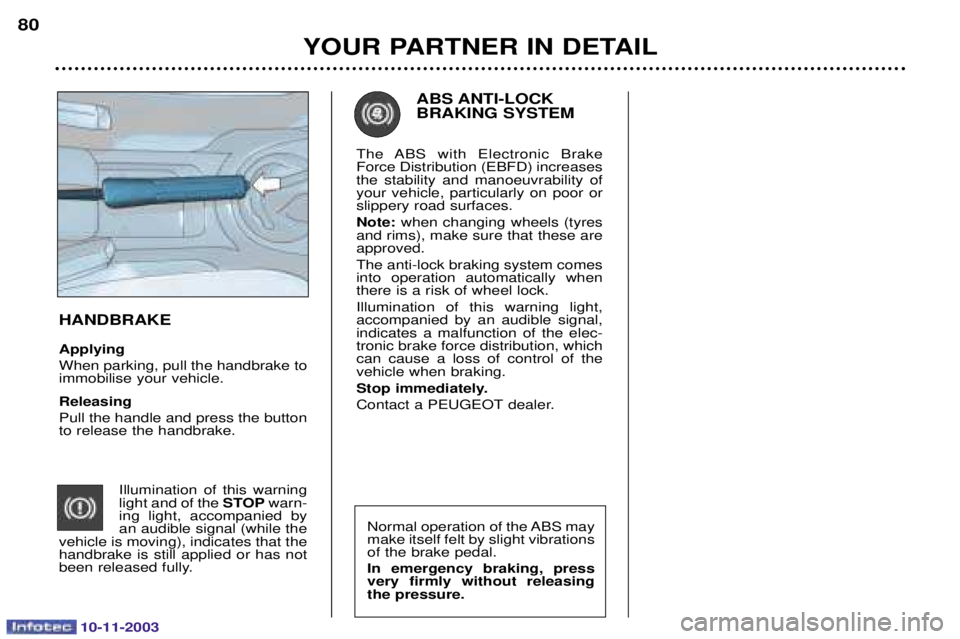 PEUGEOT PARTNER VU DAG 2003 Manual Online 10-11-2003
HANDBRAKE Applying 
	
$	 



	
 Releasing .	 
		4

 
 
 	
$

