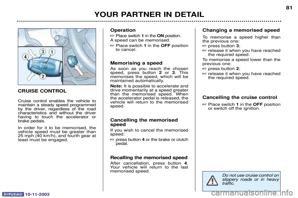 PEUGEOT PARTNER VU DAG 2003 Manual Online 10-11-2003
YOUR PARTNER IN DETAIL81
CRUISE CONTROL 
1	
 	   
  


    	$	
  	
	 	$	 
  	
		

 