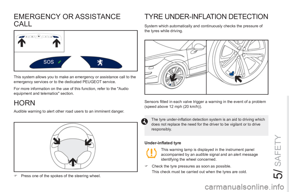PEUGEOT RCZ 2012  Owners Manual 5/
SAFETY
TYRE UNDER-INFLATION DETECTION
  System which automatically and continuously checks the pressure of 
the tyres while driving. 
  The tyre under-inﬂ ation detection system is an aid to driv
