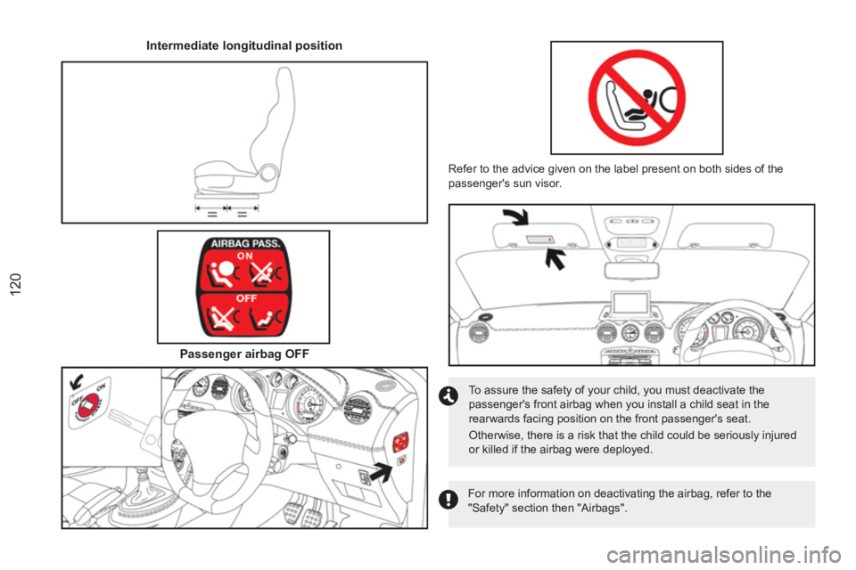 PEUGEOT RCZ 2012 Owners Manual 120
Intermediate longitudinal position
Passenger airbag OFF
For more information on deactivating the airbag, refer to the
"Safety" section then "Airbags".
Refer to the advic PEUGEOT RCZ 2012 Owners Manual 120
Intermediate longitudinal position
Passenger airbag OFF
For more information on deactivating the airbag, refer to the
"Safety" section then "Airbags".
Refer to the advic