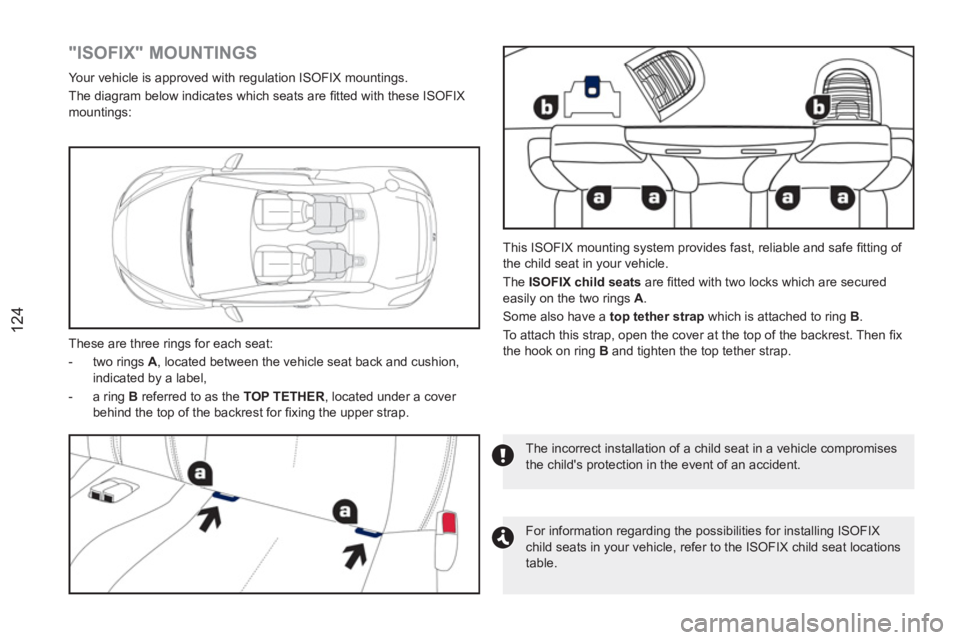 PEUGEOT RCZ 2012 Owners Manual 124
"ISOFIX" MOUNTINGS
Your vehicle is approved with regulation ISOFIX mountings.
The diagram below indicates which seats are fi tted with these ISOFIX
moun PEUGEOT RCZ 2012 Owners Manual 124
"ISOFIX" MOUNTINGS
Your vehicle is approved with regulation ISOFIX mountings.
The diagram below indicates which seats are fi tted with these ISOFIX
moun
