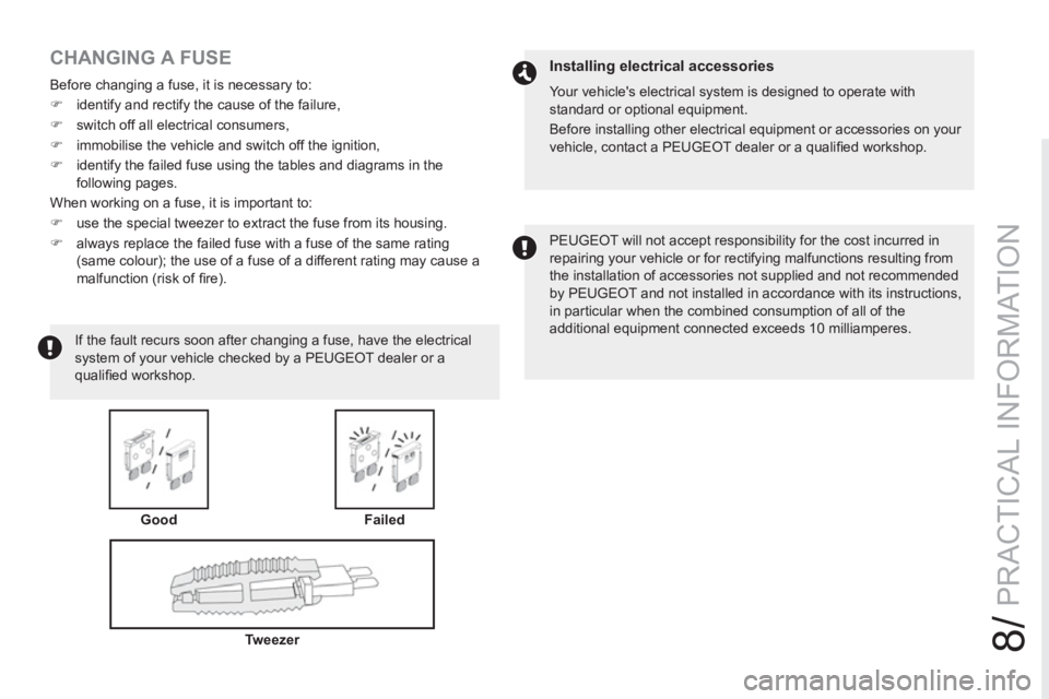 PEUGEOT RCZ 2012  Owners Manual 8/
PRACTICAL INFORMATION
   
CHANGING A FUSE 
 
Before changing a fuse, it is necessary to: 
   
 
�) 
  identify and rectify the cause of the failure, 
   
�) 
  switch off all electrical consumers, 