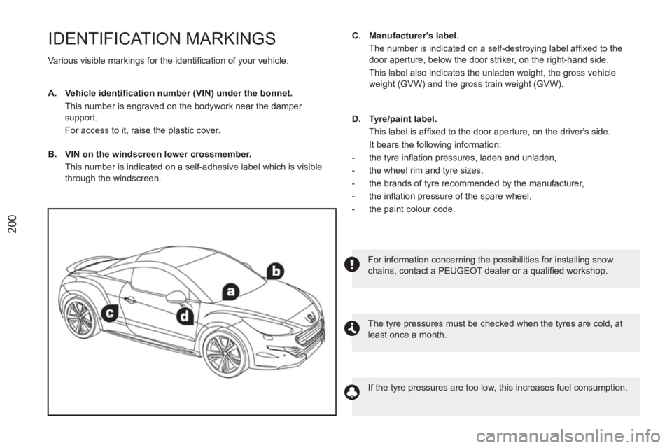 PEUGEOT RCZ 2012 Owners Manual 200
IDENTIFICAT ION MARKINGS
Various visible markings for the identifi cation of your vehicle.
A.
Vehicle identifi cation number (VIN) under the bonnet.
This number is engraved PEUGEOT RCZ 2012 Owners Manual 200
IDENTIFICAT ION MARKINGS
Various visible markings for the identifi cation of your vehicle.
A.
Vehicle identifi cation number (VIN) under the bonnet.
This number is engraved