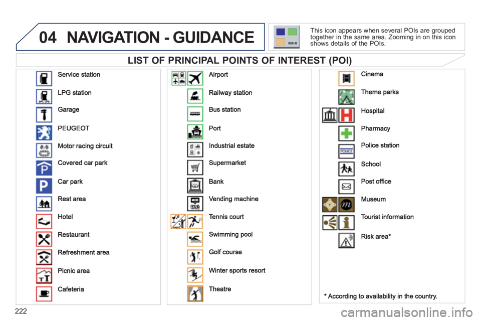 PEUGEOT RCZ 2012 Owners Manual 222
04NAVIGATION - GUIDANCE
LIST OF PRINCIPAL POINTS OF INTEREST (POI)
This icon appears when several POIs are grouped
together in the same area. Zooming in on this icon
shows details of the PEUGEOT RCZ 2012 Owners Manual 222
04NAVIGATION - GUIDANCE
LIST OF PRINCIPAL POINTS OF INTEREST (POI)
This icon appears when several POIs are grouped
together in the same area. Zooming in on this icon
shows details of the