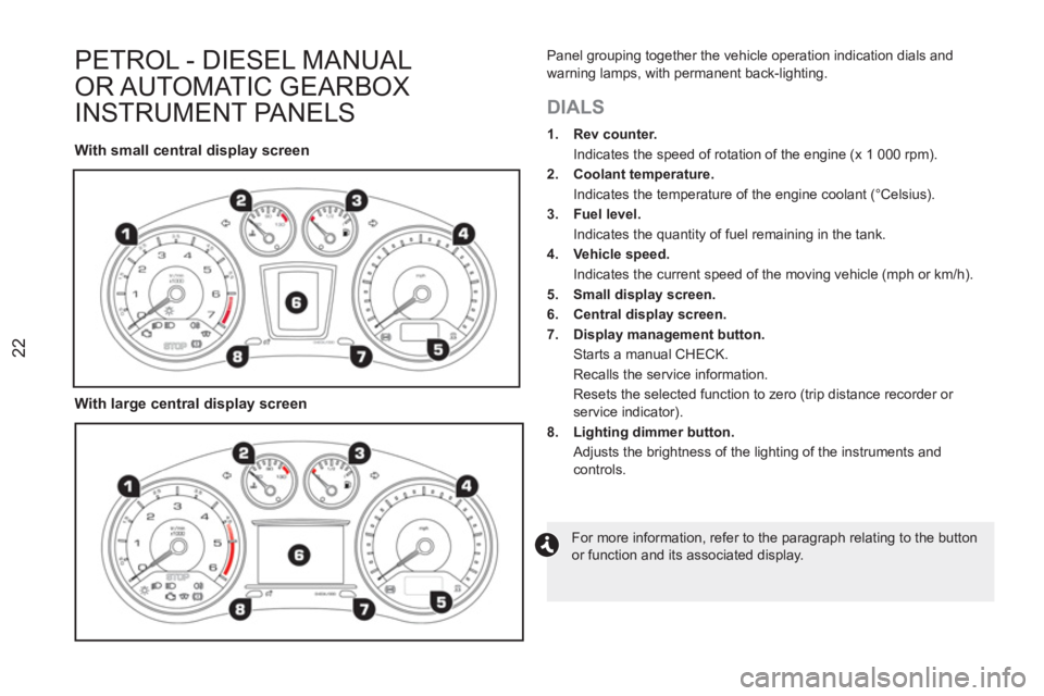 PEUGEOT RCZ 2012 Owners Manual 22
PETROL - DIESEL MANUAL 
OR AUTOMATIC GEARBOX
IN
STRUMENT PANELS   
DIALS 
 
 
 
1. 
  Rev counter. 
   
  Indicates the speed of rotation of the engine (x 1 000 rpm). 
   
2. 
  Coolant temperature