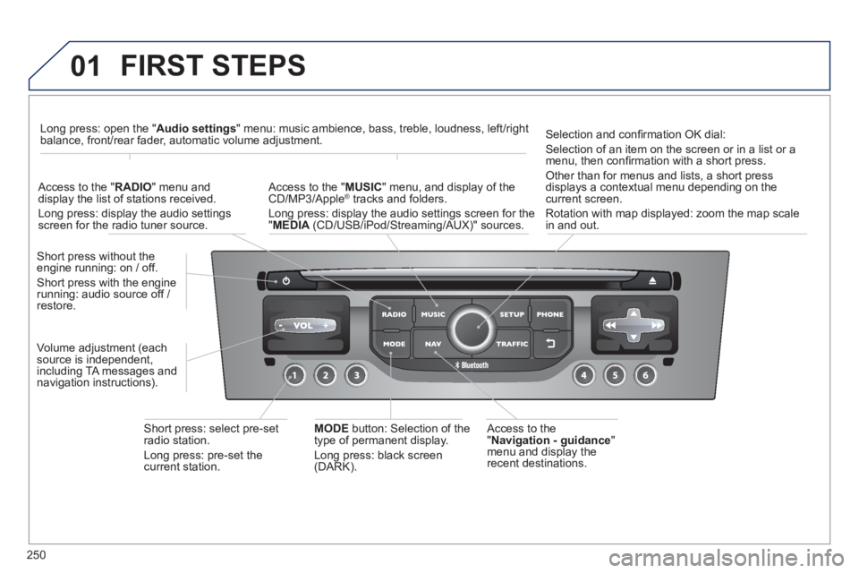 PEUGEOT RCZ 2012 Owners Manual 250
01 FIRST STEPS
Access to the" Navigation - guidance"
menu and display the
recent destinations. Short
press without the engine running: on / off.
Short press with the enginerunning: audio PEUGEOT RCZ 2012 Owners Manual 250
01 FIRST STEPS
Access to the" Navigation - guidance"
menu and display the
recent destinations. Short
press without the engine running: on / off.
Short press with the enginerunning: audio