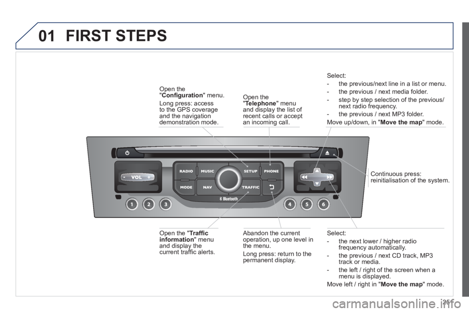 PEUGEOT RCZ 2012 Owners Manual 251
01
Select:
- the next lower / hi
gher radiofrequency automatically.
- the previous
/ next CD track, MP3
track or media.
- the le
ft / right of the screen when a menu is displayed.
Move left PEUGEOT RCZ 2012 Owners Manual 251
01
Select:
- the next lower / hi
gher radiofrequency automatically.
- the previous
/ next CD track, MP3
track or media.
- the le
ft / right of the screen when a menu is displayed.
Move left