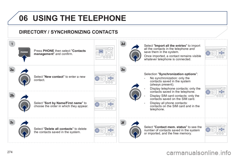 PEUGEOT RCZ 2012 Owners Manual 274
06USING THE TELEPHONE
DIRECTORY / SYNCHRONIZING CONTACTS
Press PHONE
then select "
Contacts
management " and confi rm.
Select "New contact
" to enter a new contact.
Select PEUGEOT RCZ 2012 Owners Manual 274
06USING THE TELEPHONE
DIRECTORY / SYNCHRONIZING CONTACTS
Press PHONE
then select "
Contacts
management " and confi rm.
Select "New contact
" to enter a new contact.
Select