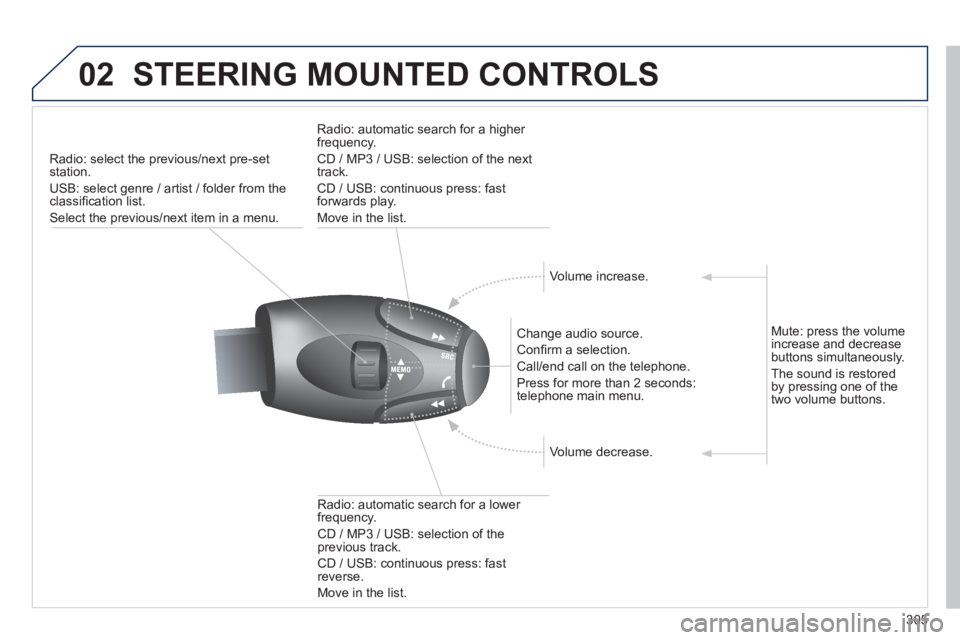 PEUGEOT RCZ 2012 Service Manual 305
02STEERING MOUNTED CONTROLS 
Radio: select the previous/next pre-setstation. 
U
SB: select genre / artist / folder from the classiﬁ cation list.
Select the previous/next item in a menu.  
   
Ch