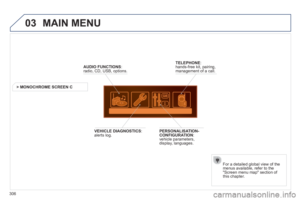PEUGEOT RCZ 2012 Service Manual 306
03  MAIN MENU 
AUDIO FUNCTIONS 
:radio, CD, USB, options.
> MONOCHROME SCREEN C
For a detailed 
global view of the
menus available, refer to the 
"Screen menu map" section of 
this chapter.
TELEPH