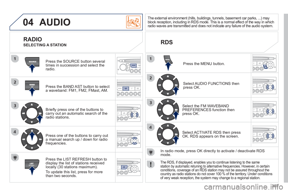 PEUGEOT RCZ 2012 Owners Manual 307
04 AUDIO
Press the SOURCE button several
times in succession and select theradio.
Press the BAND A
ST button to select
a waveband: FM1, FM2, FMast, AM.
Briefl
y press one of th PEUGEOT RCZ 2012 Owners Manual 307
04 AUDIO
Press the SOURCE button several
times in succession and select theradio.
Press the BAND A
ST button to select
a waveband: FM1, FM2, FMast, AM.
Briefl
y press one of th
