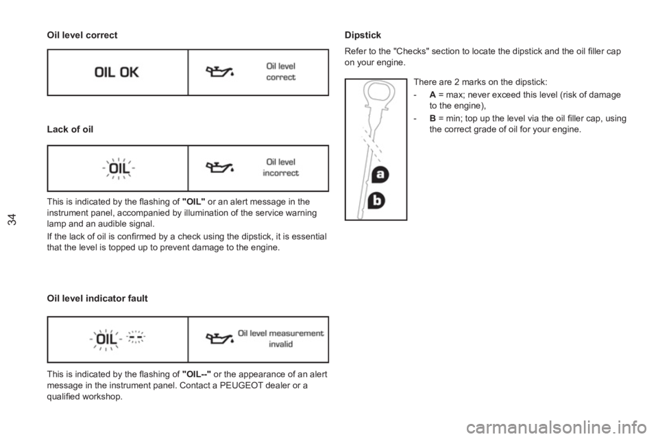 PEUGEOT RCZ 2012 Owners Guide 34
   
Oil level correct  
 
This is indicated by the ﬂ ashing of  "OIL" 
 or an alert message in the 
instrument panel, accompanied by illumination of the service warning 
lamp and an audible signa