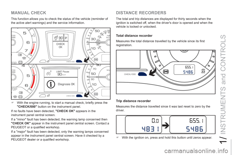 PEUGEOT RCZ 2012  Owners Manual 1/
INSTRUMENTS and CONTROLS
   
 
 
 
 
 
 
 
 
 
 
 
MANUAL CHECK 
 
This function allows you to check the status of the vehicle (reminder of 
the active alert warnings) and the service information. 