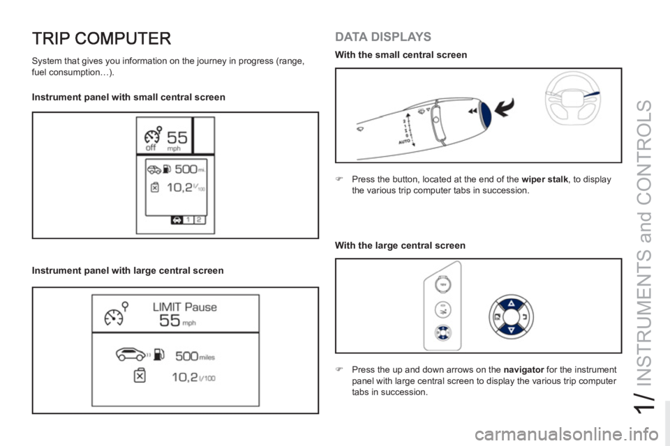 PEUGEOT RCZ 2012 Service Manual 1/
INSTRUMENTS and CONTROLS
   
DATA DISPLAYS 
 
 
 
�) 
  Press the button, located at the end of the  wiper stalk 
, to display 
the various trip computer tabs in succession.  
 
   
 
�) 
  Press t