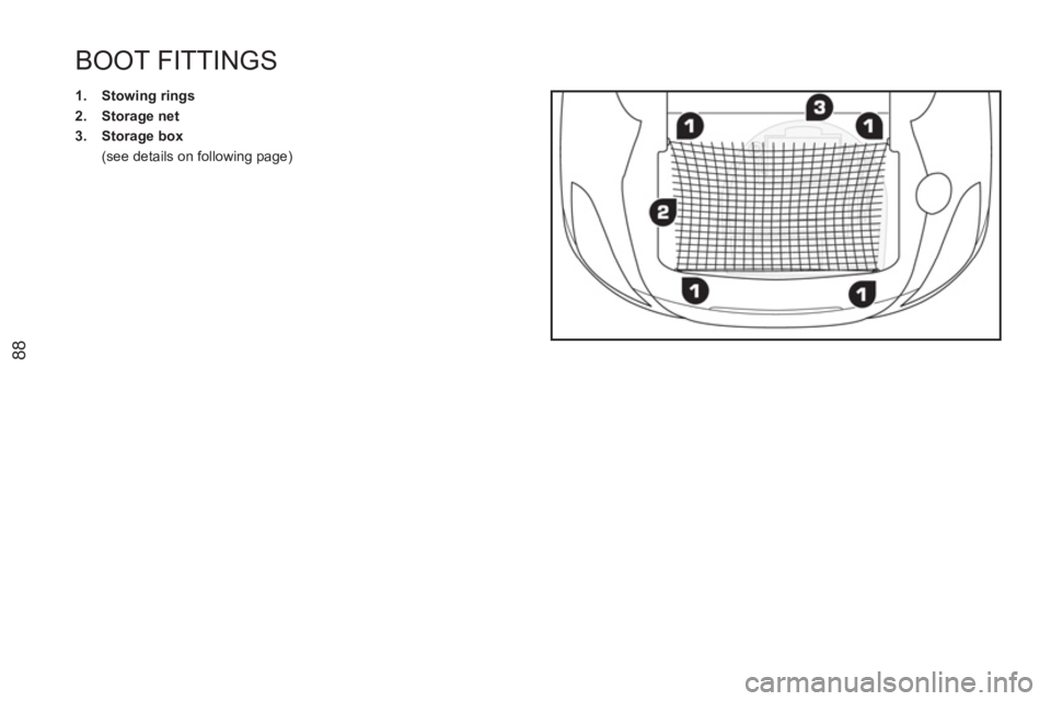 PEUGEOT RCZ 2012 Manual Online 88
BOOT FITTINGS 
   
 
1. 
  Stowing rings 
 
   
2. 
  Storage net 
 
   
3. 
  Storage box 
   
  (see details on following page)   