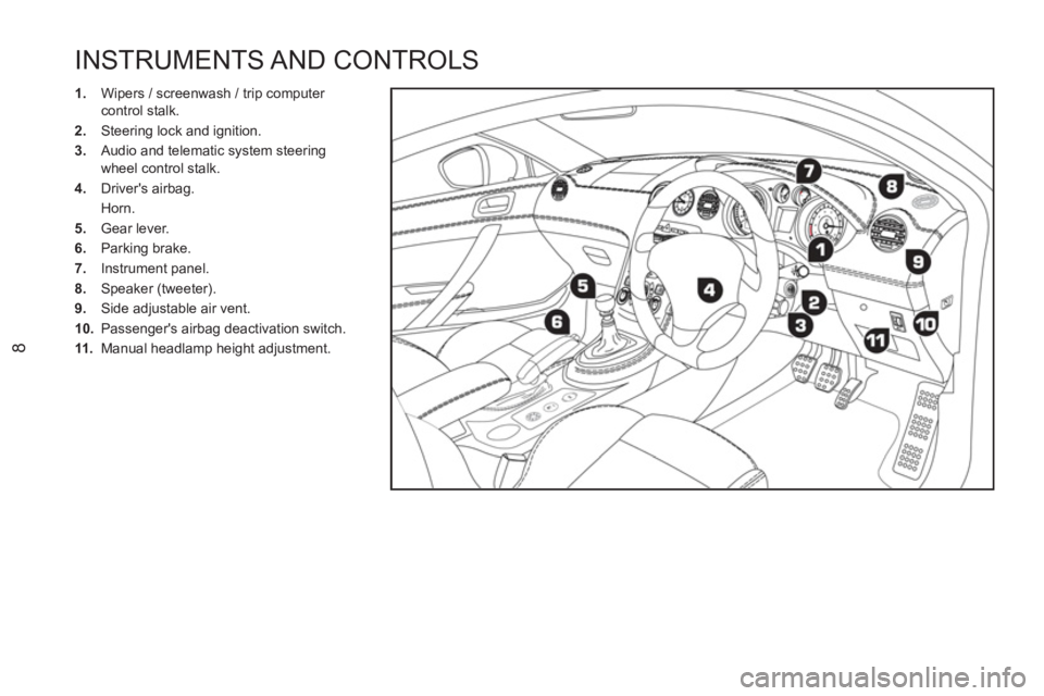 PEUGEOT RCZ 2012 Owners Manual 8
INSTRUMENTS AND CONTROLS
1.
Wipers / screenwash / trip computer
control stalk.
2.
Steering lock and ignition.
3.
Audio and telematic system steering
wheel control stalk PEUGEOT RCZ 2012 Owners Manual 8
INSTRUMENTS AND CONTROLS
1.
Wipers / screenwash / trip computer
control stalk.
2.
Steering lock and ignition.
3.
Audio and telematic system steering
wheel control stalk