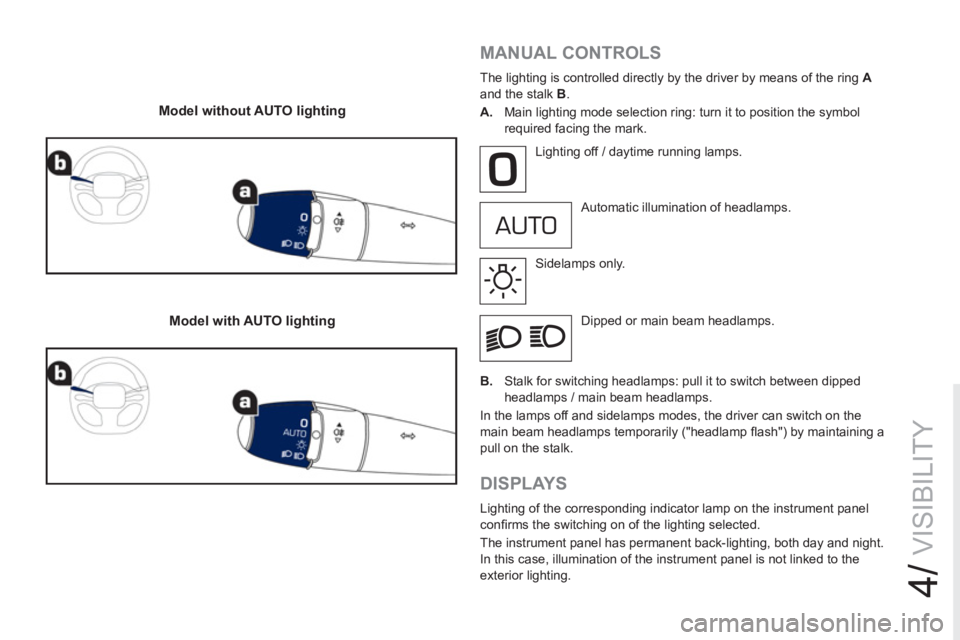 PEUGEOT RCZ 2012 Owners Manual 4/
VISIBILITY
Model without AUTO lighting
Model with AUTO lighting
MANUAL CONTROLS
The lighting is controlled directly by the driver by means of the ring A
and the stalk PEUGEOT RCZ 2012 Owners Manual 4/
VISIBILITY
Model without AUTO lighting
Model with AUTO lighting
MANUAL CONTROLS
The lighting is controlled directly by the driver by means of the ring A
and the stalk