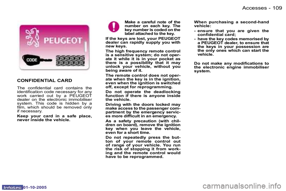 PEUGEOT 1007 2005.5  Owners Manual �1�0�8 �-�A�c�c�e�s�s�e�s
�0�1�-�1�0�-�2�0�0�5
�1�0�9
�-�A�c�c�e�s�s�e�s
�0�1�-�1�0�-�2�0�0�5
�C�O�N�F�I�D�E�N�T�I�A�L� �C�A�R�D� 
�T�h�e�  �c�o�n�i�d�e�n�t�i�a�l�  �c�a�r�d�  �c�o�n�t�a�i�n�s�  �t�h�
