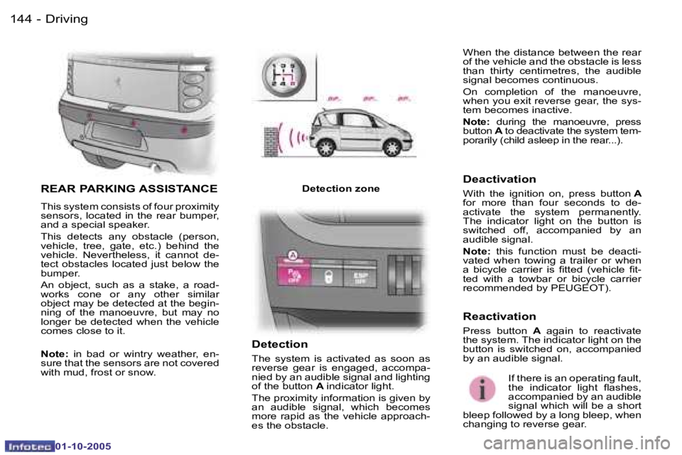 PEUGEOT 1007 2005.5  Owners Manual �1�4�4 �-�D�r�i�v�i�n�g
�0�1�-�1�0�-�2�0�0�5
�R�E�A�R� �P�A�R�K�I�N�G� �A�S�S�I�S�T�A�N�C�E
�T�h�i�s� �s�y�s�t�e�m� �c�o�n�s�i�s�t�s� �o�f� �f�o�u�r� �p�r�o�x�i�m�i�t�y�  
�s�e�n�s�o�r�s�,�  �l�o�c�a�